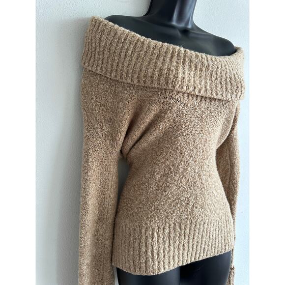 Vintage Moda International Off Shoulder Chunky Boucle Sweater Tan M - Picture 3 of 5